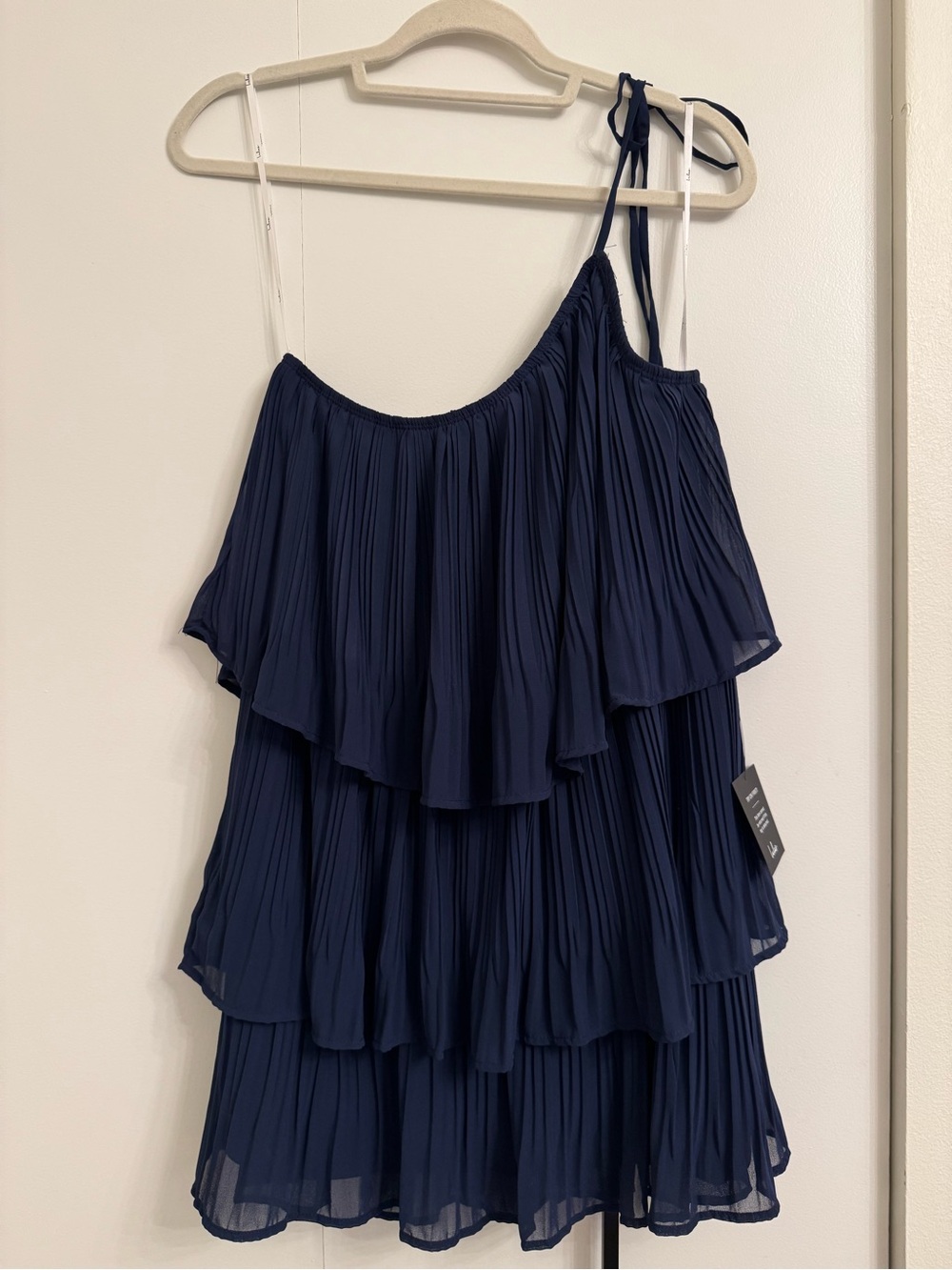 Lulu's Navy Pleated One-Shoulder Tiered Dress - Picture 3 of 5